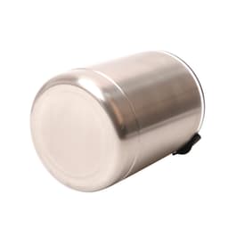 A drink bottle featuring a sleek stainless steel design, with a curved shape and a black lid.