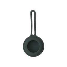 A dark green silicone strainer with a long handle, designed for kitchen use.