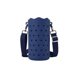 A drink bottle holder in navy blue silicone with star cutouts and a detachable strap. Features a logo.