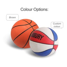 Two basketballs: one orange and one in a white, red, and blue design, both featuring branding.