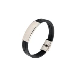 A multi-layer leather bracelet in black, featuring a sleek silver metal clasp and an engraved metal plate.