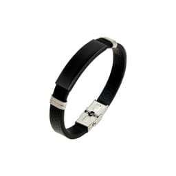 A black leather bracelet featuring a rectangular metal plate and silver accents. It has a clasp closure.