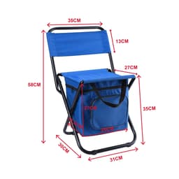 A foldable camping chair in blue, featuring a cooler bag attached, with various dimensions indicated around it.