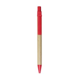 A ballpoint pen with a kraft paper barrel and a red plastic cap and tip. It features a logo.