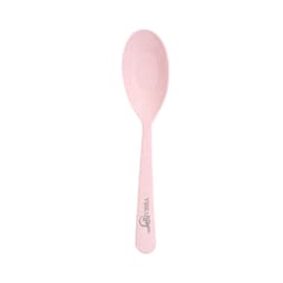 A light pink spoon from a portable utensils set, featuring a logo and a smooth, ergonomic design.