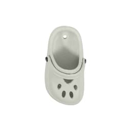 A grey shoe-shaped charm with ventilation holes and a strap, featuring a circular hole at the top.