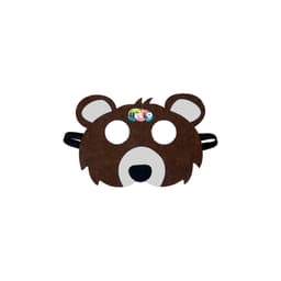 A brown felt animal mask shaped like a bear with black accents and two eye holes, featuring a logo on top.