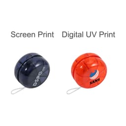 A classic yoyo in navy blue and orange, featuring logos and a string for play.