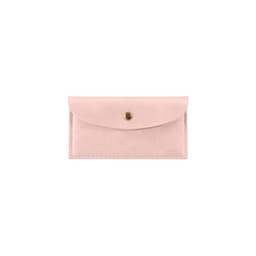 A pink PU leather glasses pouch with a gold snap closure and a smooth finish. Includes a logo on the surface.