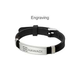 A black metal silica bracelet featuring a silver engraved section and a logo.