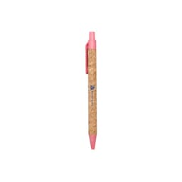 A cork pen with a pink tip and clip, featuring a small logo on the barrel.