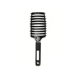 A black detangler bristle hairbrush with a rubber grip handle and spaced bristles for easy untangling.