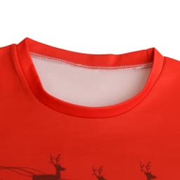 A red Christmas sweatshirt featuring a round neckline and a smooth interior lining. The design includes reindeer motifs.