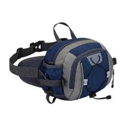 A drink bottle holder attached to a navy and grey waist bag with multiple compartments and straps.