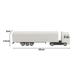A toy truck in black and white, measuring 20 cm long, 4.5 cm high, and 3 cm wide, with a logo on the side.