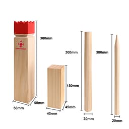A premium wooden Kubb set featuring natural wood pieces with a red crown, including varying sizes of blocks and pins.