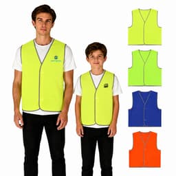 Hi-Vis reflective trim safety vests in yellow, green, and blue, displayed on adults and children. Includes a logo.