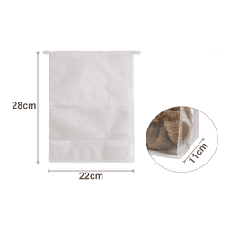 A white sealing storage bag measuring 22x28x11 cm, with a transparent section and an included logo.