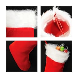 A red and white embroidered Christmas stocking with a fluffy trim and bright interior, featuring sweets inside.