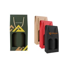 A double bottle wine box in green, brown, red, and black, featuring a rope handle and a logo on one box.