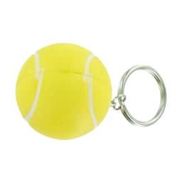 A yellow tennis ball stress item attached to a silver keyring, featuring white stitching details.