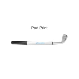 A silver golf pen designed to resemble a golf club, featuring a textured black grip and a logo.