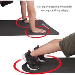 A black premium TPE yoga mat featuring an anti-slip surface, with a person's hand and foot positioned on it.