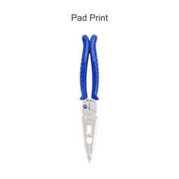 A plier-shaped ballpoint pen with blue rubber grips and a silver metallic body, featuring a logo.