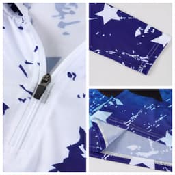 A navy and white sublimated 1/4 zip fishing hood shirt featuring a star pattern and a zippered neck.