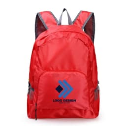 A red backpack with mesh side pockets and a logo on the front. Features comfortable shoulder straps.