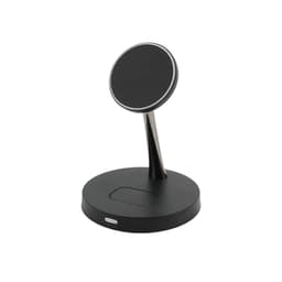 A black 2-in-1 wireless charger featuring a circular charging pad mounted on a sleek, curved stand.