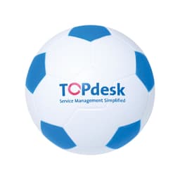 A football-shaped stress reliever in white and blue, featuring a logo on its surface.