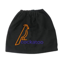 A black boot cover featuring an orange illustration of a cockatoo and text in purple.