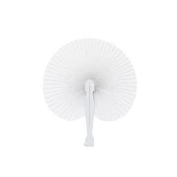 A white plastic paper fan with a ribbed design and a plastic handle, featuring a simple, elegant appearance.
