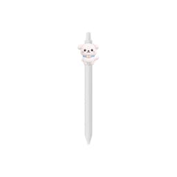 A white pen featuring a cute dog-shaped topper and an attached logo.