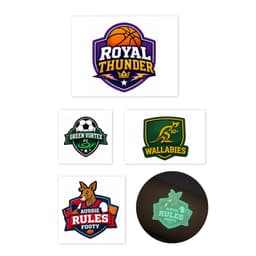 A collection of stickers featuring sports team logos in various colours, including a basketball, soccer, and rugby themes.