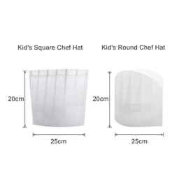 A white disposable non-woven chef hat in square and round shapes, measuring 20cm in height and 25cm wide.