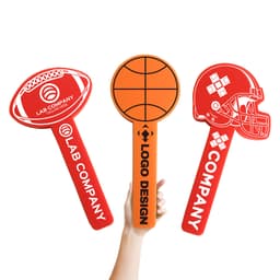 Three red sponge ball cheersticks in the shapes of a football, basketball, and helmet, featuring a logo on one.