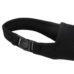 A drink bottle carrier pouch in black, featuring a strap with a buckle for adjustable fitting.