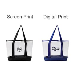 Transparent hand bags in black and navy, featuring different styles of logo prints on the front.