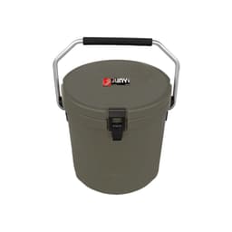 A green 12L ice bucket with a black handle and a secure lid, featuring a logo on the front.