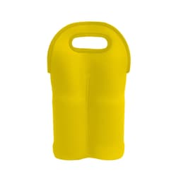 A yellow neoprene double beer bottle carrier featuring a handle and a sleek design. It includes a logo.
