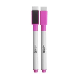 Two pink and white magnetic whiteboard markers with a chisel tip and eraser ends. The markers feature a logo.
