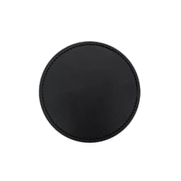 A round black PU coaster with a stitched edge and a smooth surface. It features a logo.