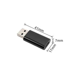 A black USB data blocker with dimensions indicated, featuring a USB-A connector and a USB-C port.