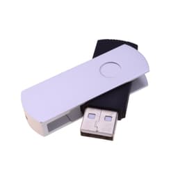 A white and black USB flash drive with a swivel design, featuring a logo on its surface.