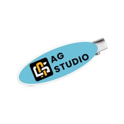 An oval acrylic hair clip in blue, featuring a logo on a white background.