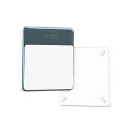 A sleek white and silver power bank with a digital display. It has a smooth finish and rounded edges.