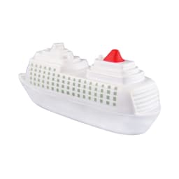 A white and red cruise ship-shaped stress reliever with grid patterns on the sides, featuring a branding logo.