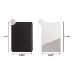 A stainless steel portable mirror beside a black leather case, showcasing dimensions and a shiny reflective surface.